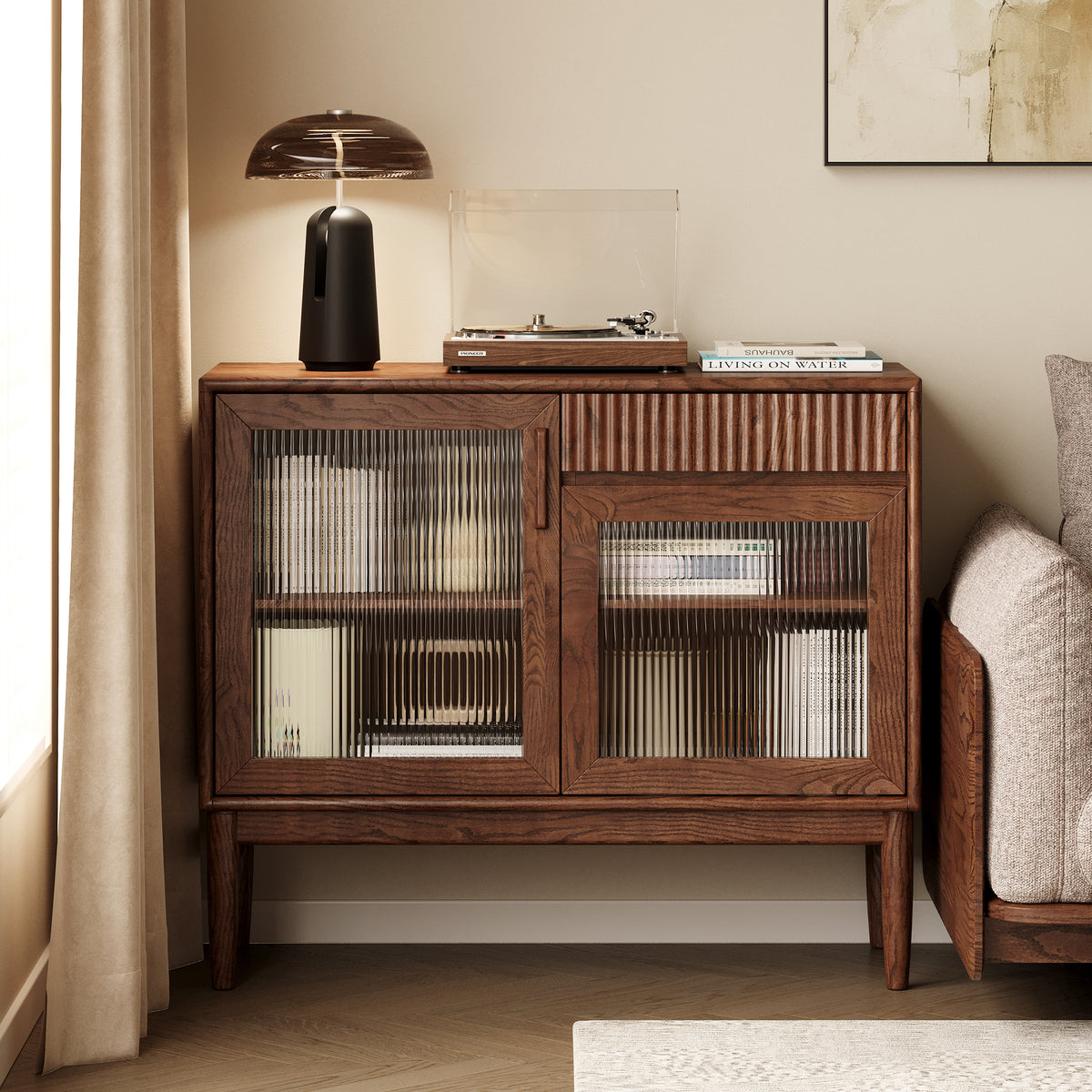 Solid Wood Sideboard with Fluted Glass Doors