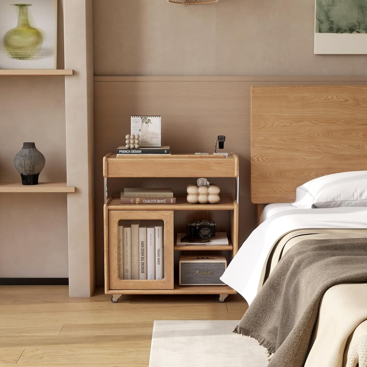 Solid Wood Flip Top Side Table with Wheels