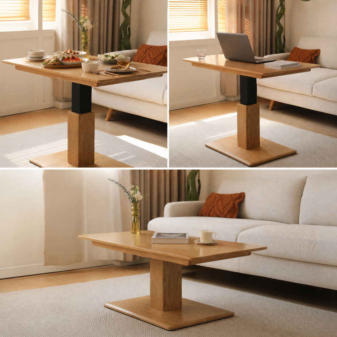 Transforms into dining, desk, or sofa table