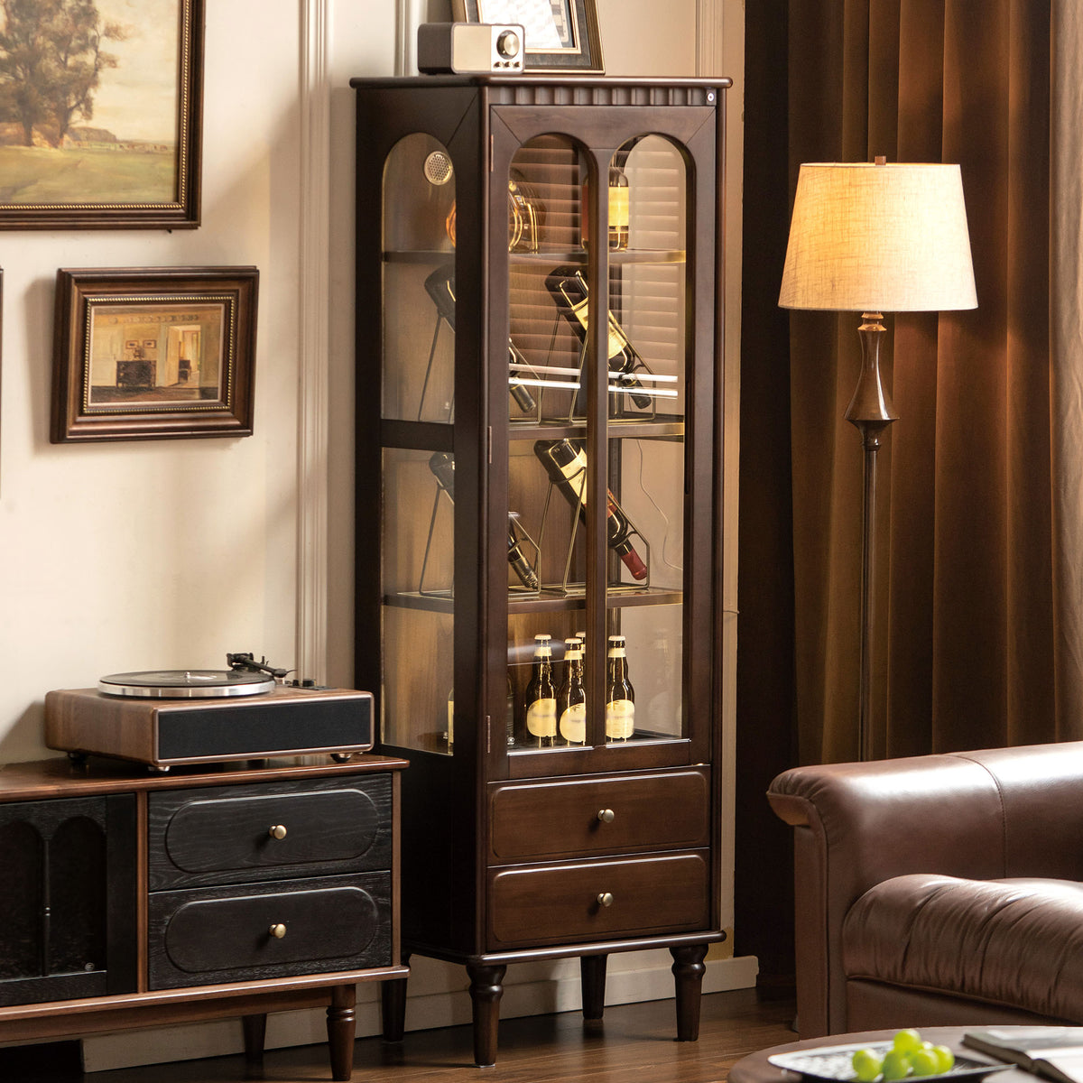 Solid Wood Wine Bar Cabinet with Glass Doors LED