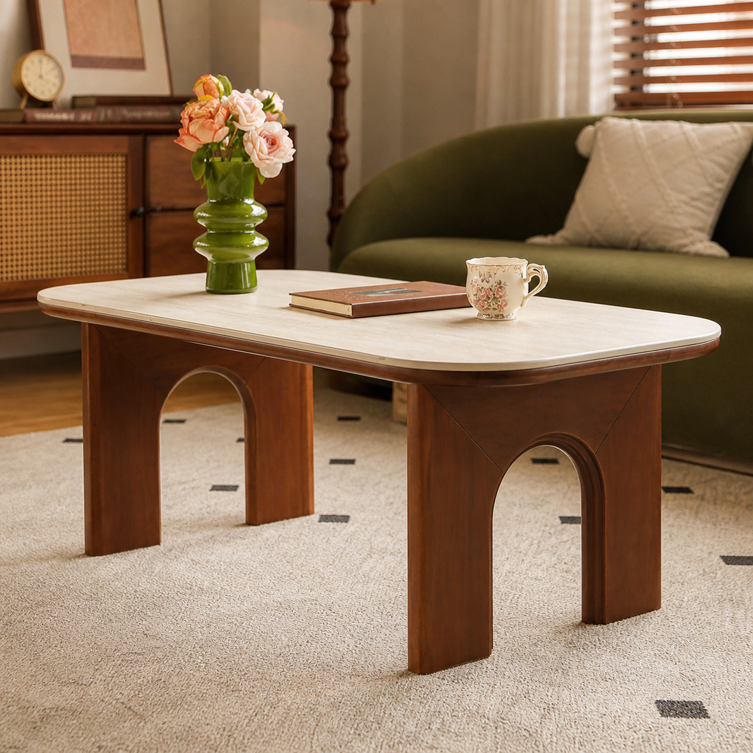 Natural stone top, solid wood legs
