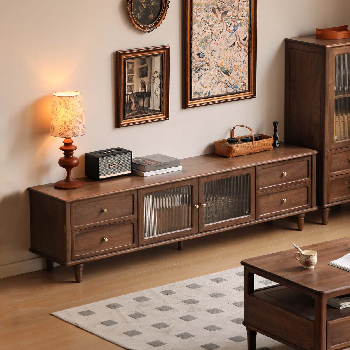 86.6'' Solid Walnut TV Stand Mid Century Modern