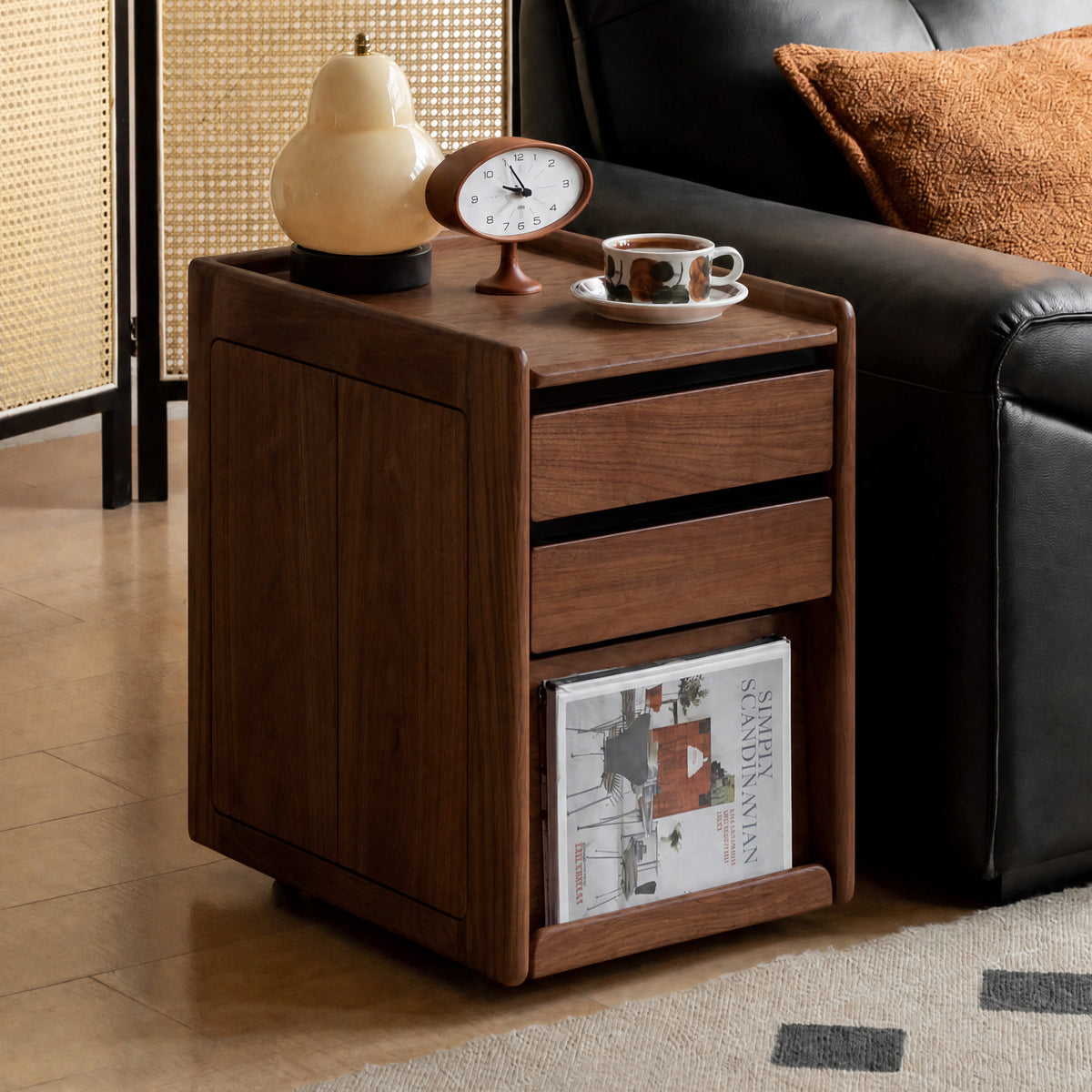 Solid Oak Wood Rolling Side Table with Storage