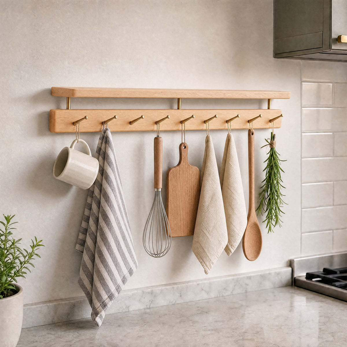 Wood Wall Shelf with 9 Brass Hooks