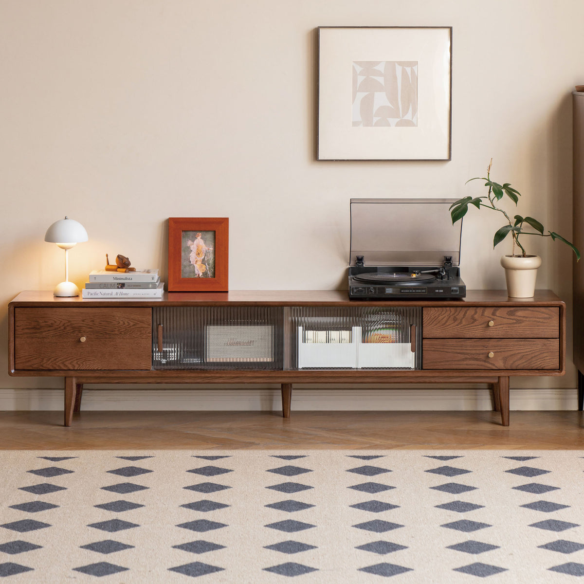 86.6'' Solid Oak TV Stand with Glass Sliding Door