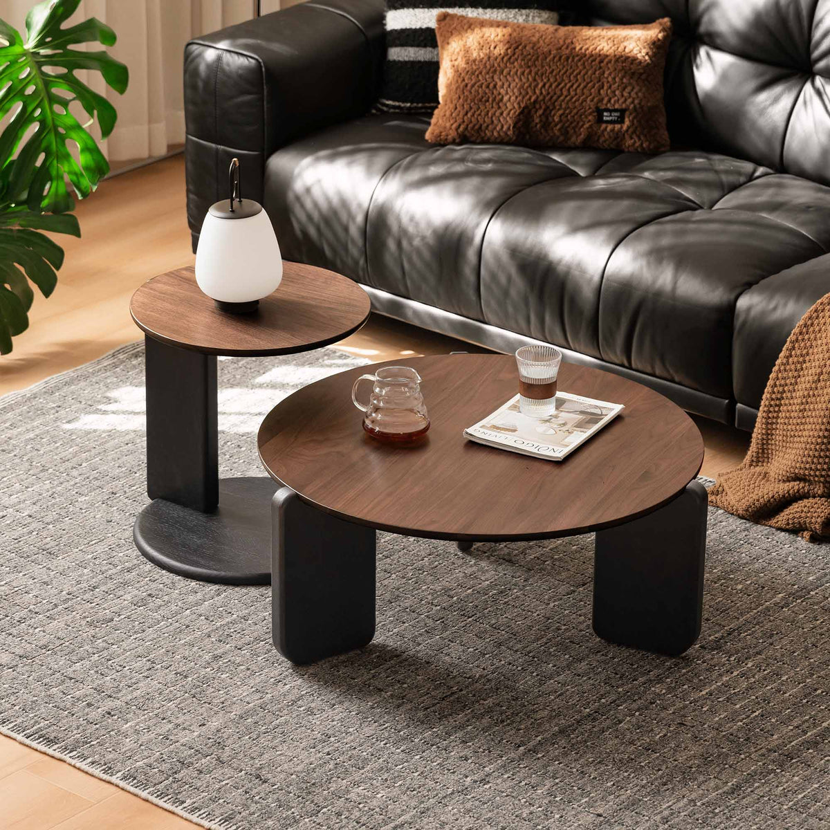 Round Walnut Top Coffee Table with Oak Legs