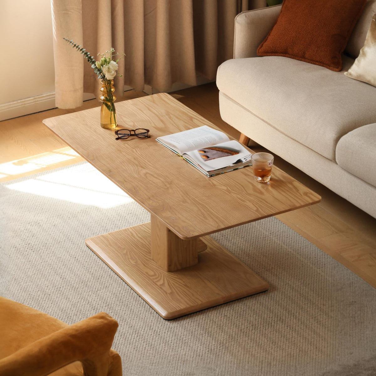 Solid Oak Pedal Lift Coffee Table Single Leg