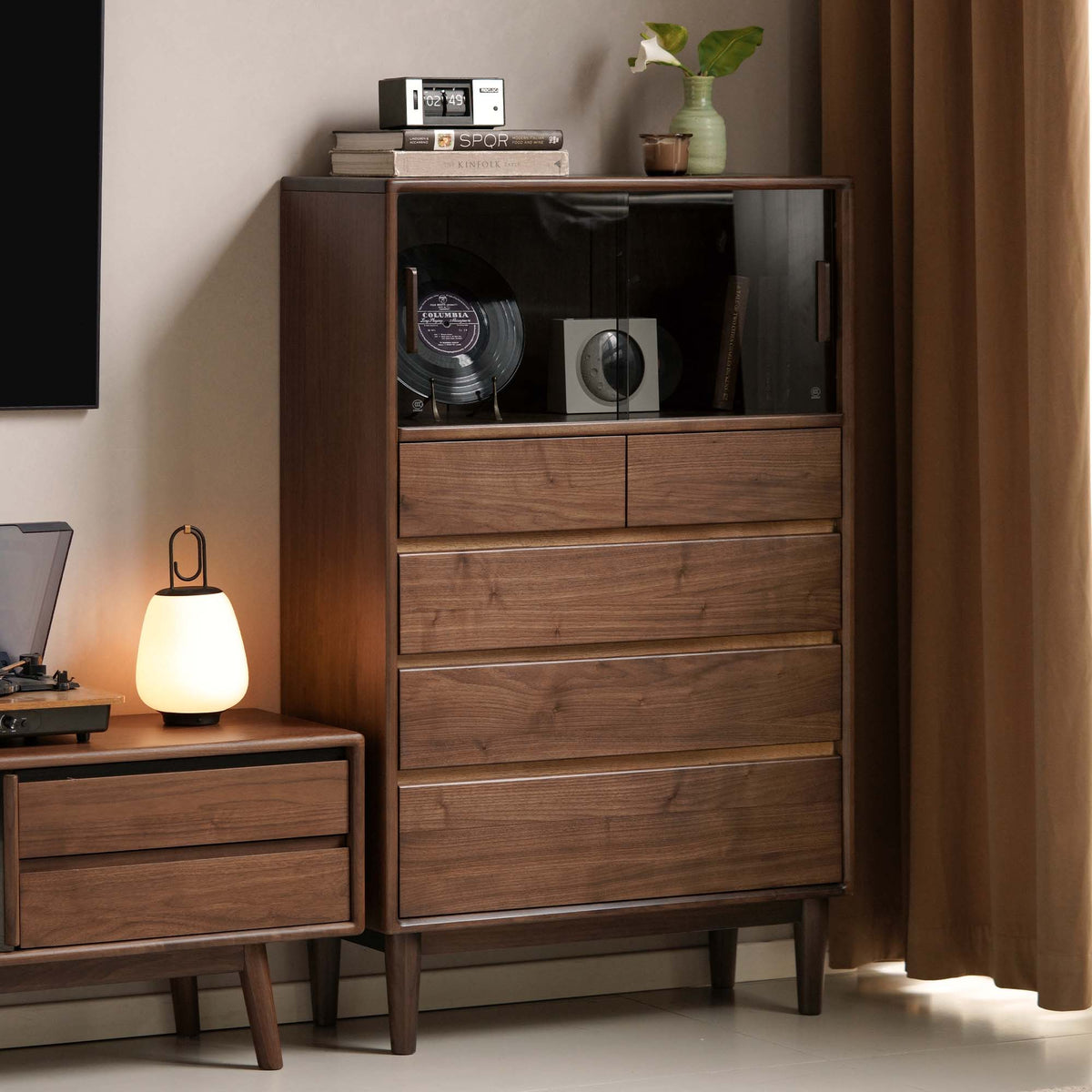 Solid Walnut Wood Storage Cabinet with Shelves and Drawer