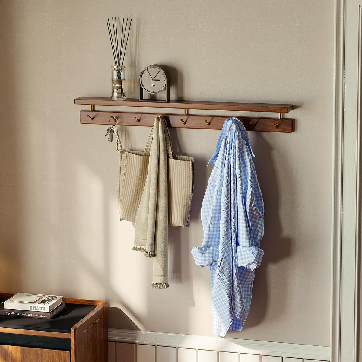 Wood Wall Shelf with 9 Brass Hooks