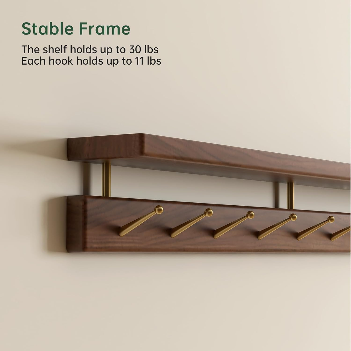 Wood Wall Shelf with 9 Brass Hooks