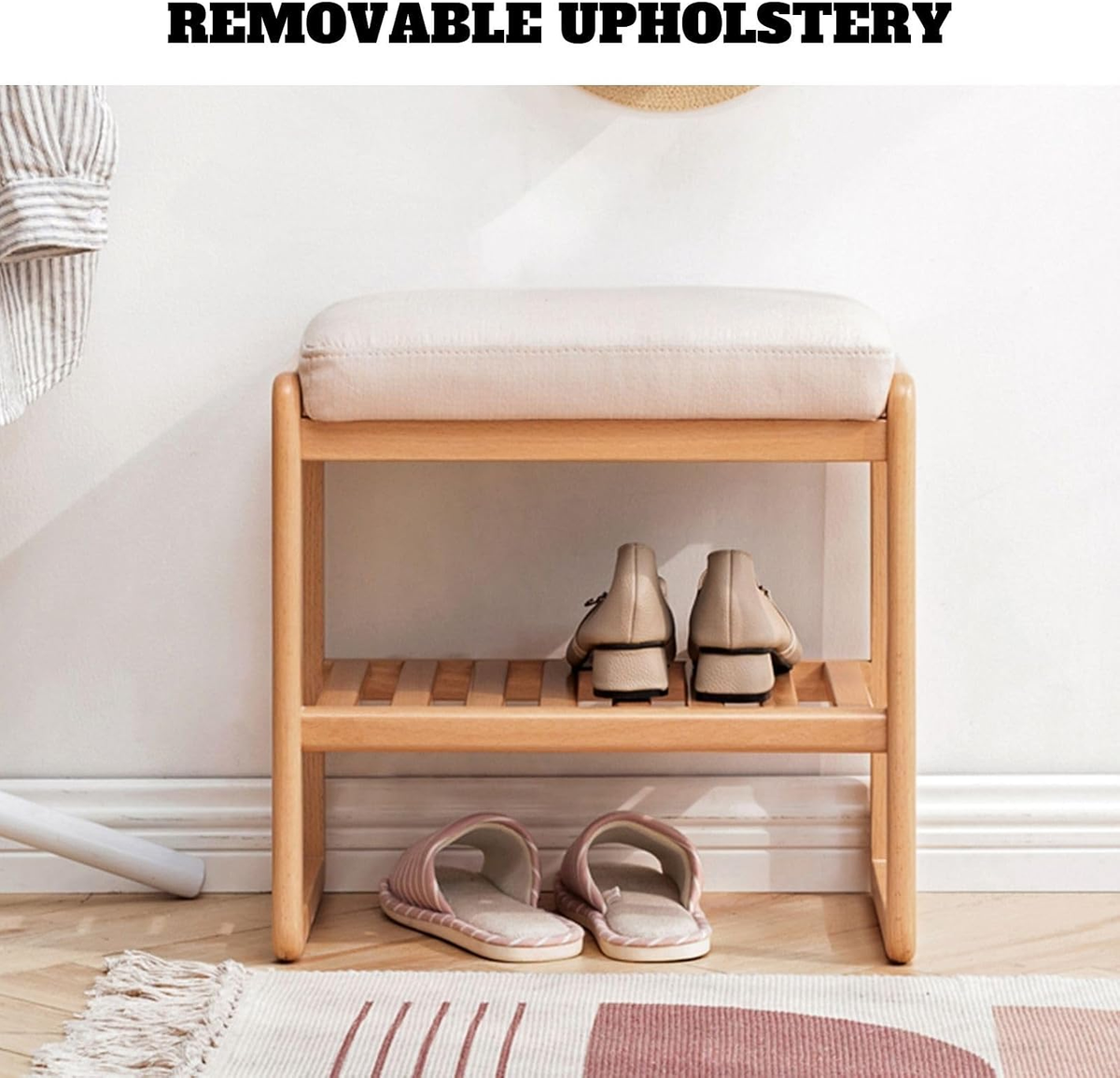 Solid Oak Shoe Bench with Woven Rope Design Assembled