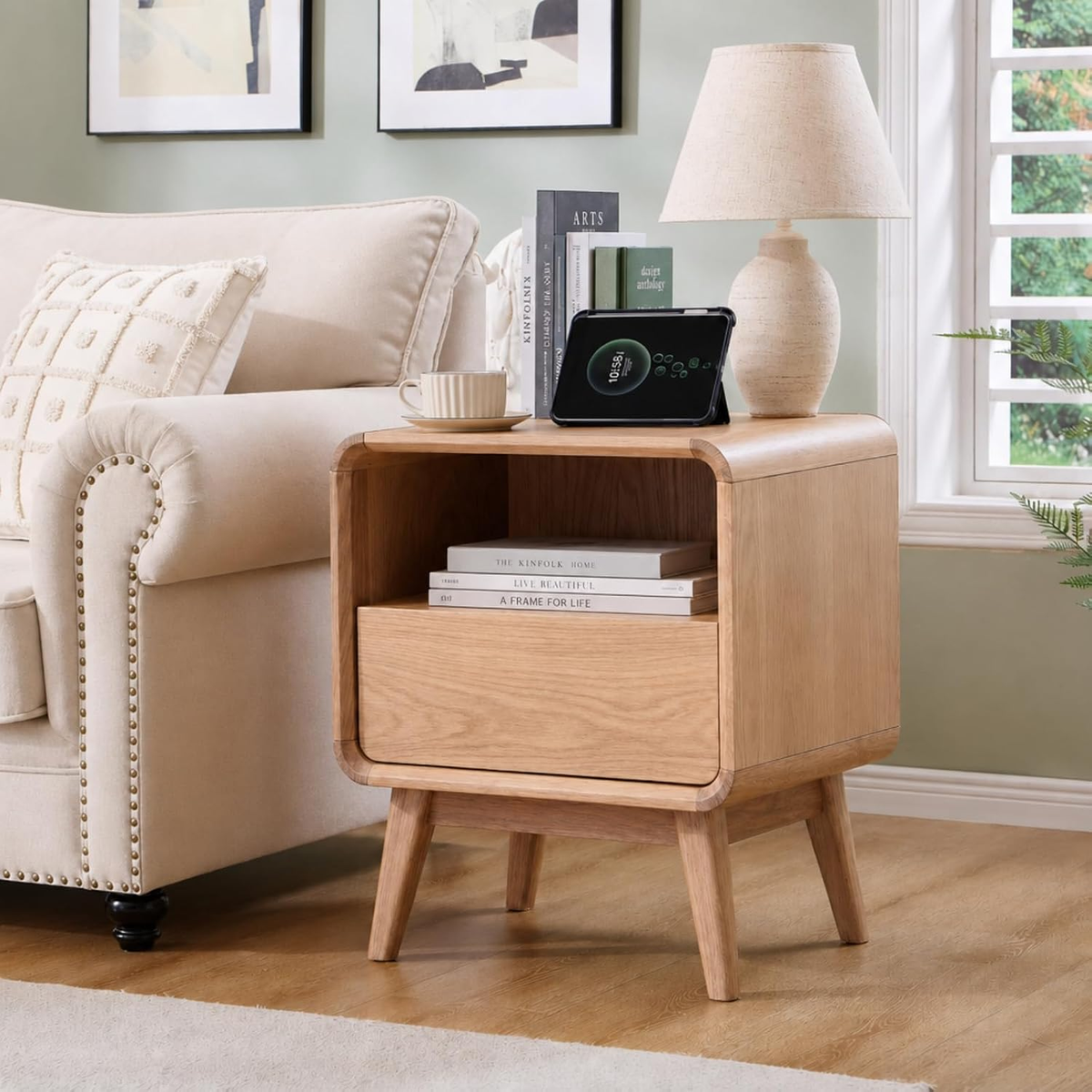 Solid Wood Nightstand with Drawer and Open Storage