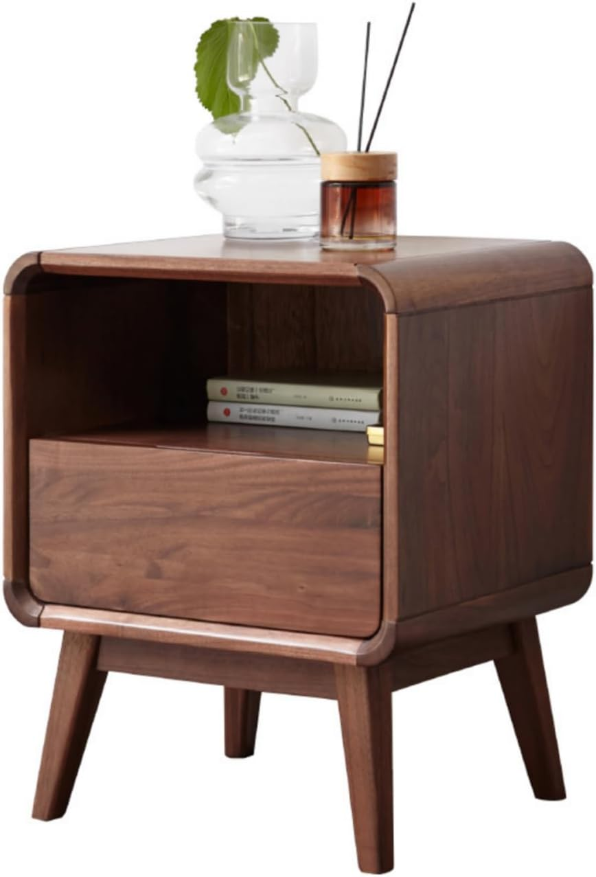 Solid Wood Nightstand with Drawer and Open Storage