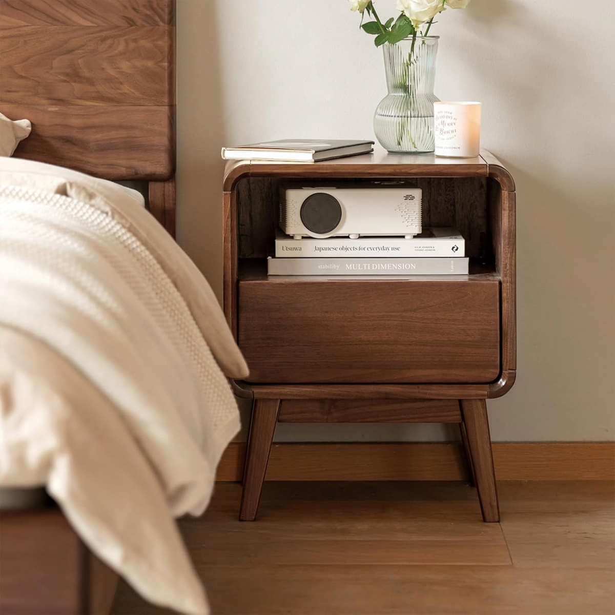 Solid Wood Nightstand with Drawer and Open Storage