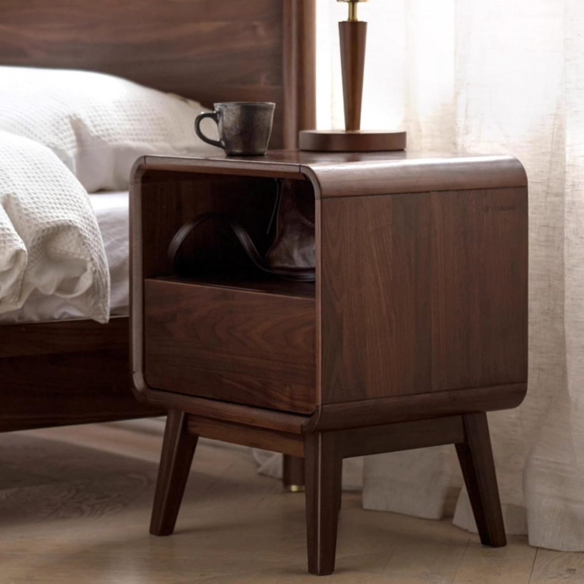 Solid Wood Nightstand with Drawer and Open Storage