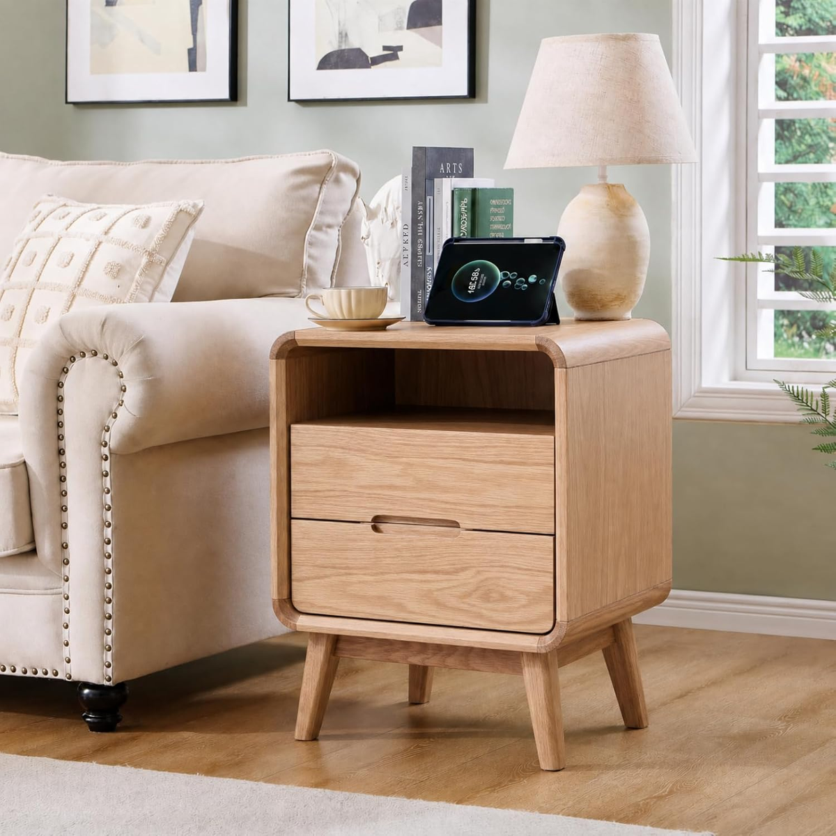Solid Wood Nightstand with Drawer and Open Storage