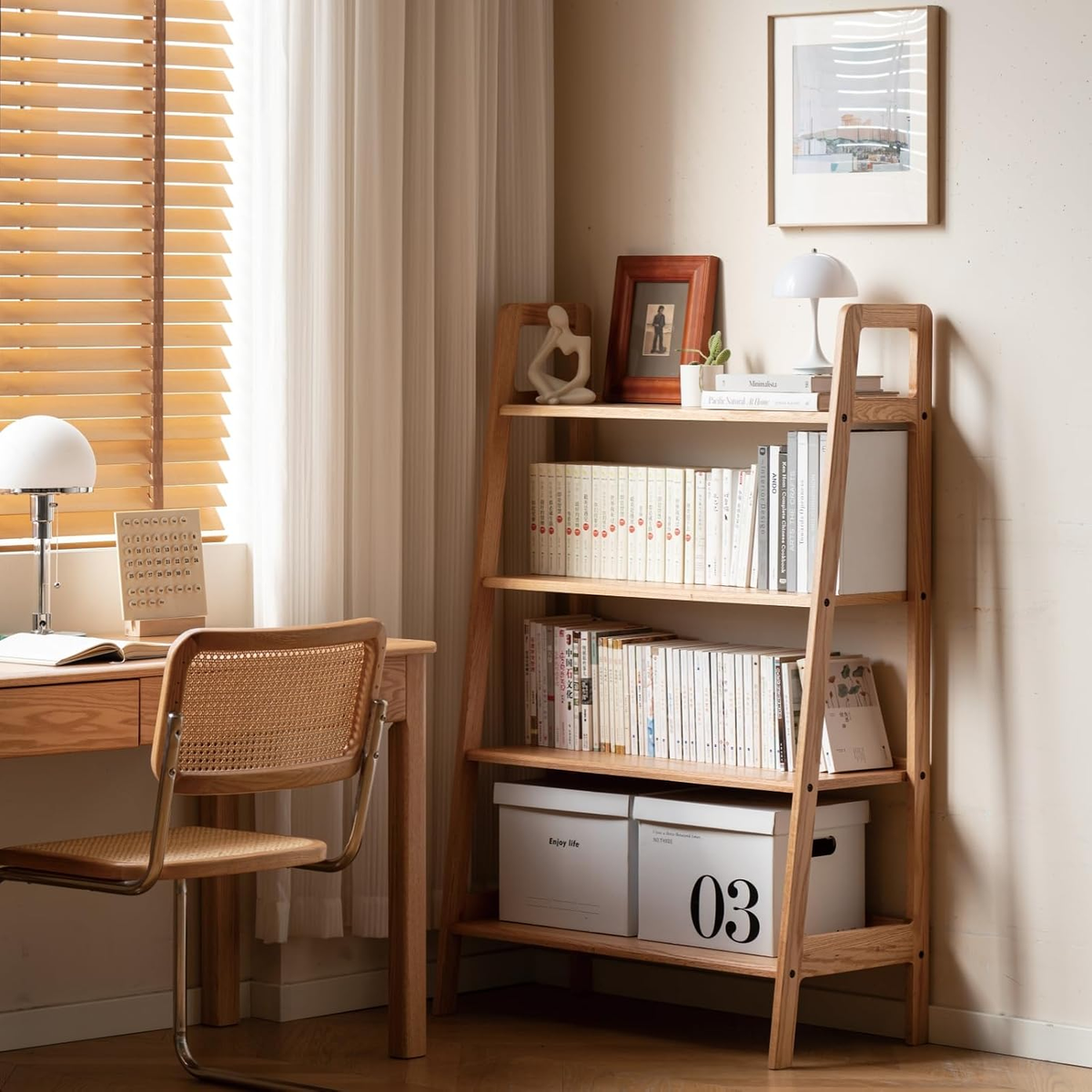 Solid Oak 3-5 Tier Ladder Bookshelf Stable Frame