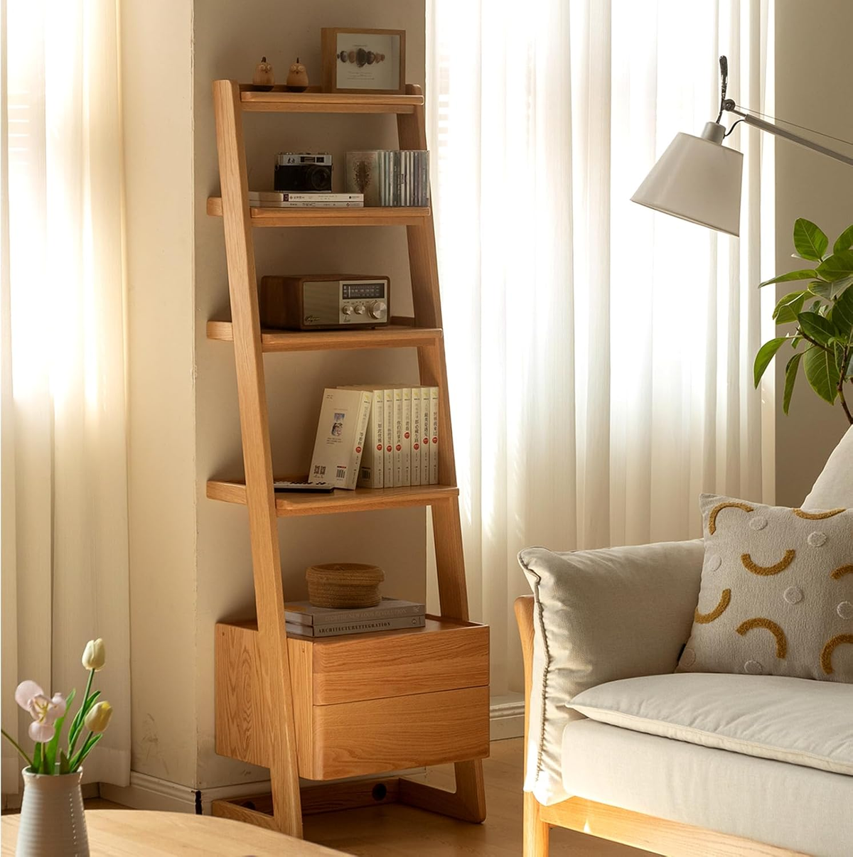 Solid Oak 3-5 Tier Ladder Bookshelf Stable Frame