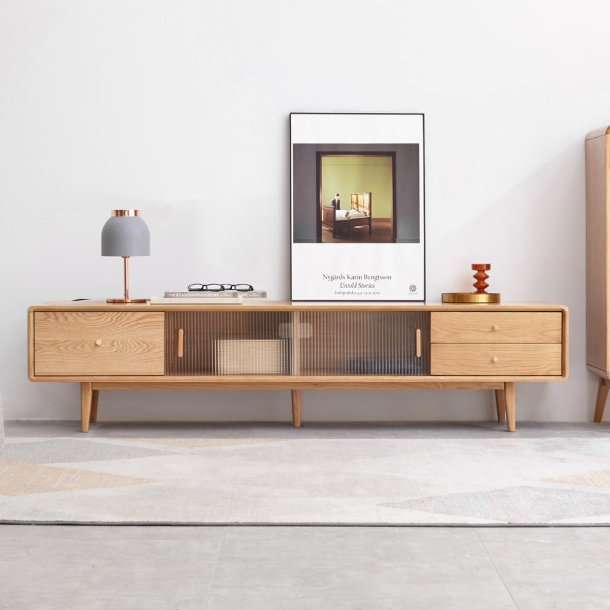 86.6'' Solid Oak TV Stand with Glass Sliding Door