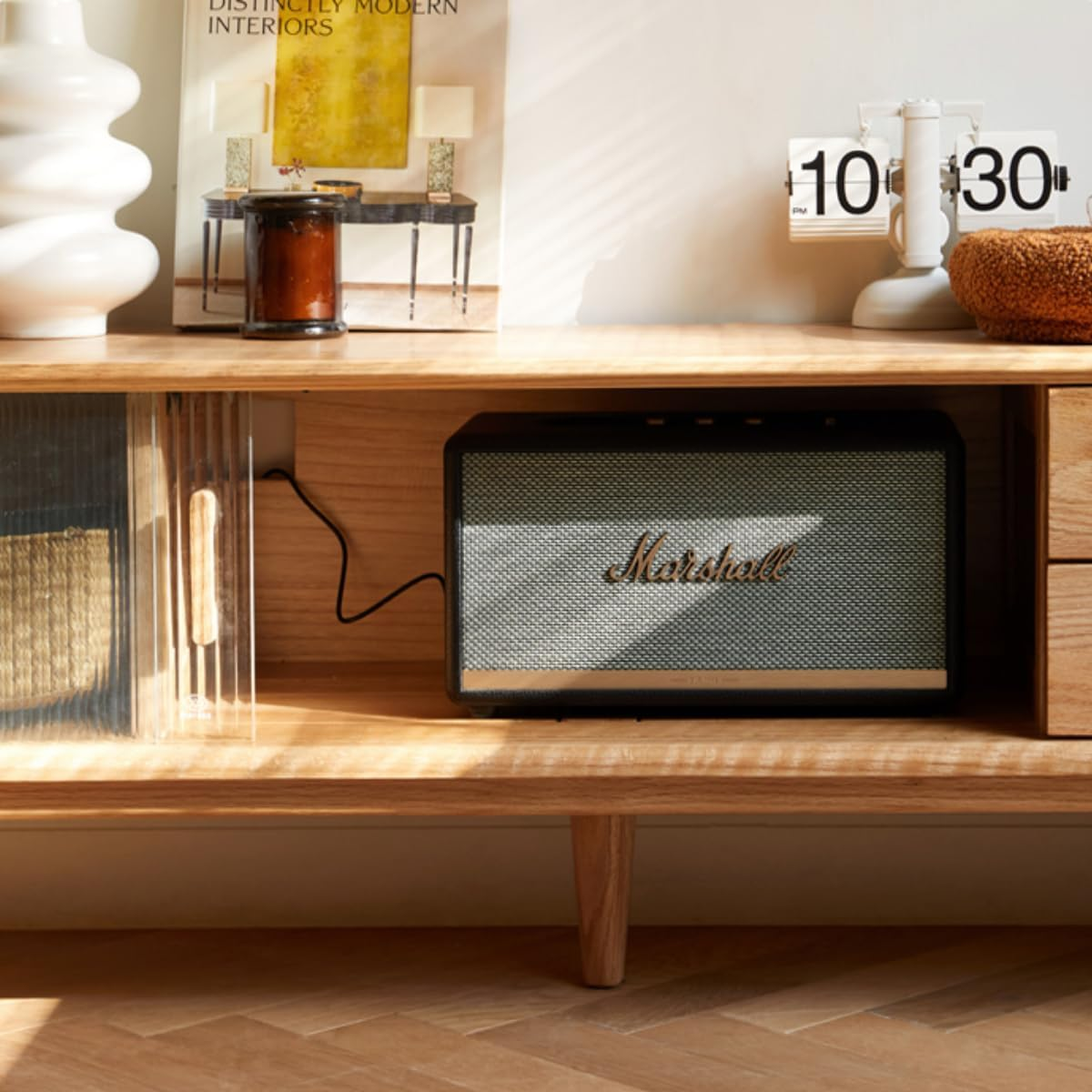 86.6'' Solid Oak TV Stand with Glass Sliding Door