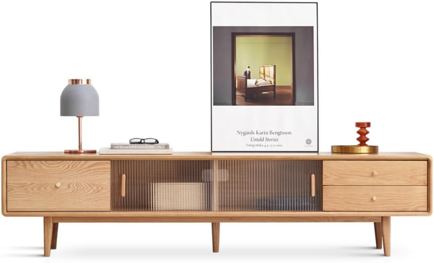 86.6'' Solid Oak TV Stand with Glass Sliding Door