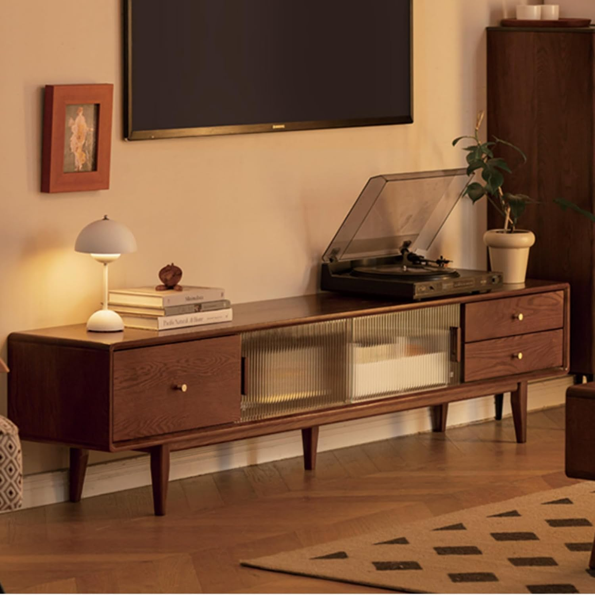 86.6'' Solid Oak TV Stand with Glass Sliding Door