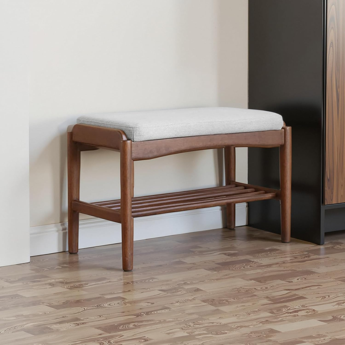 Black Walnut Shoe Bench with Cushion Assembled