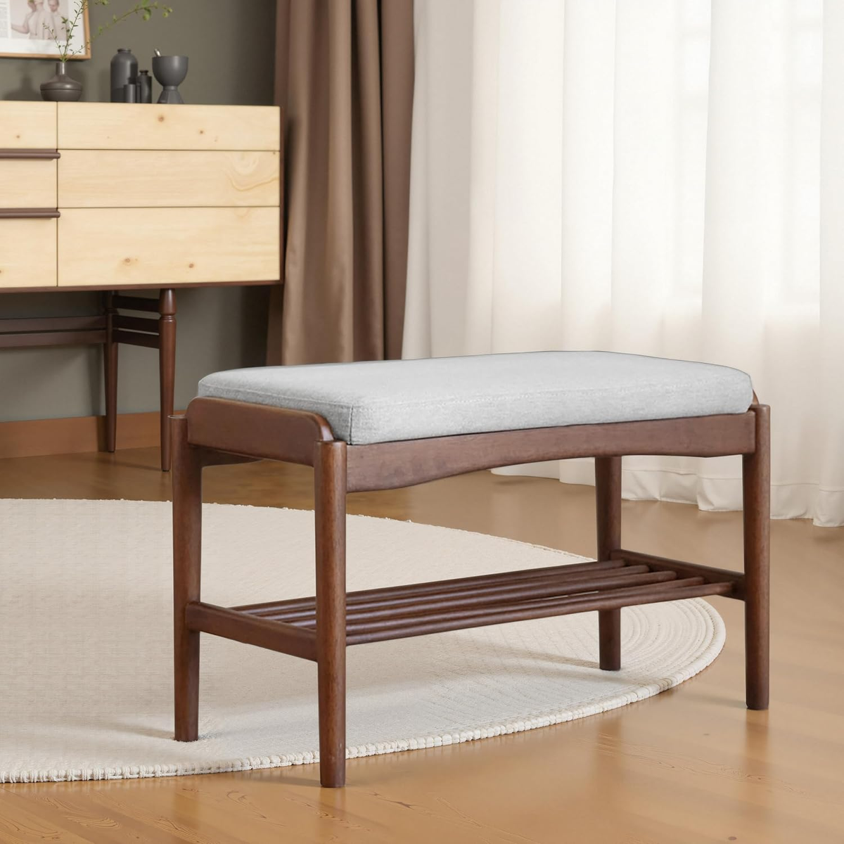 Black Walnut Shoe Bench with Cushion Assembled