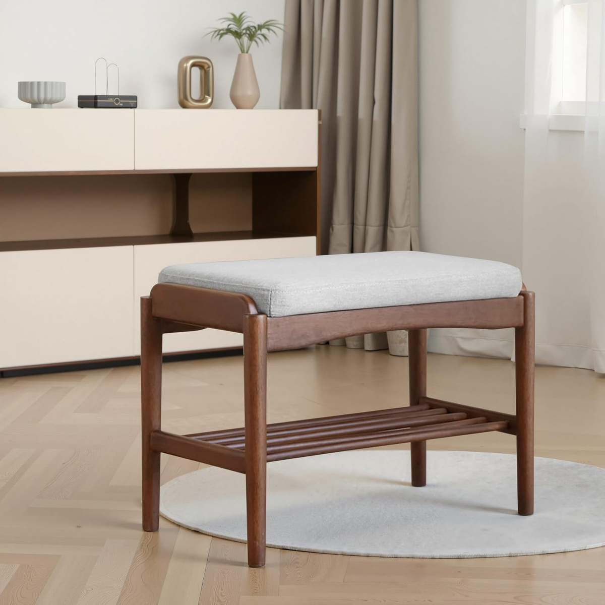 Black Walnut Shoe Bench with Cushion Assembled