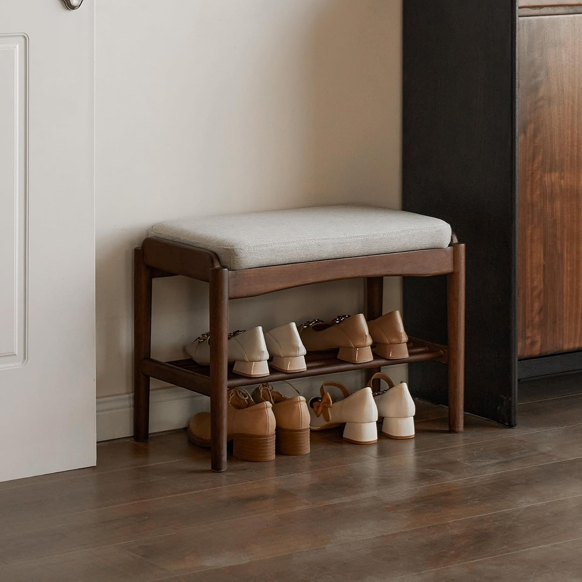 Black Walnut Shoe Bench with Cushion Assembled