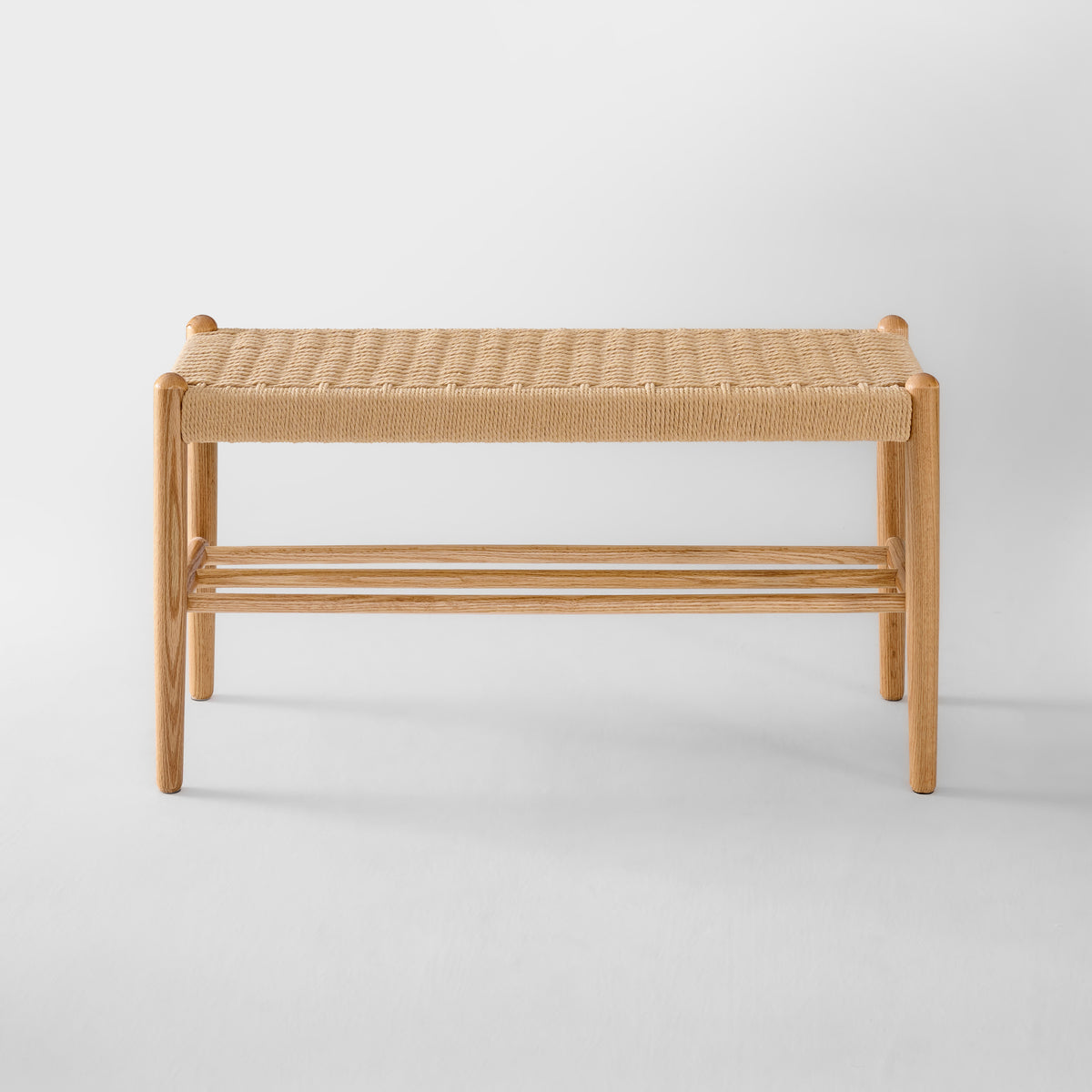 Solid Oak Shoe Bench with Woven Rope Design Assembled