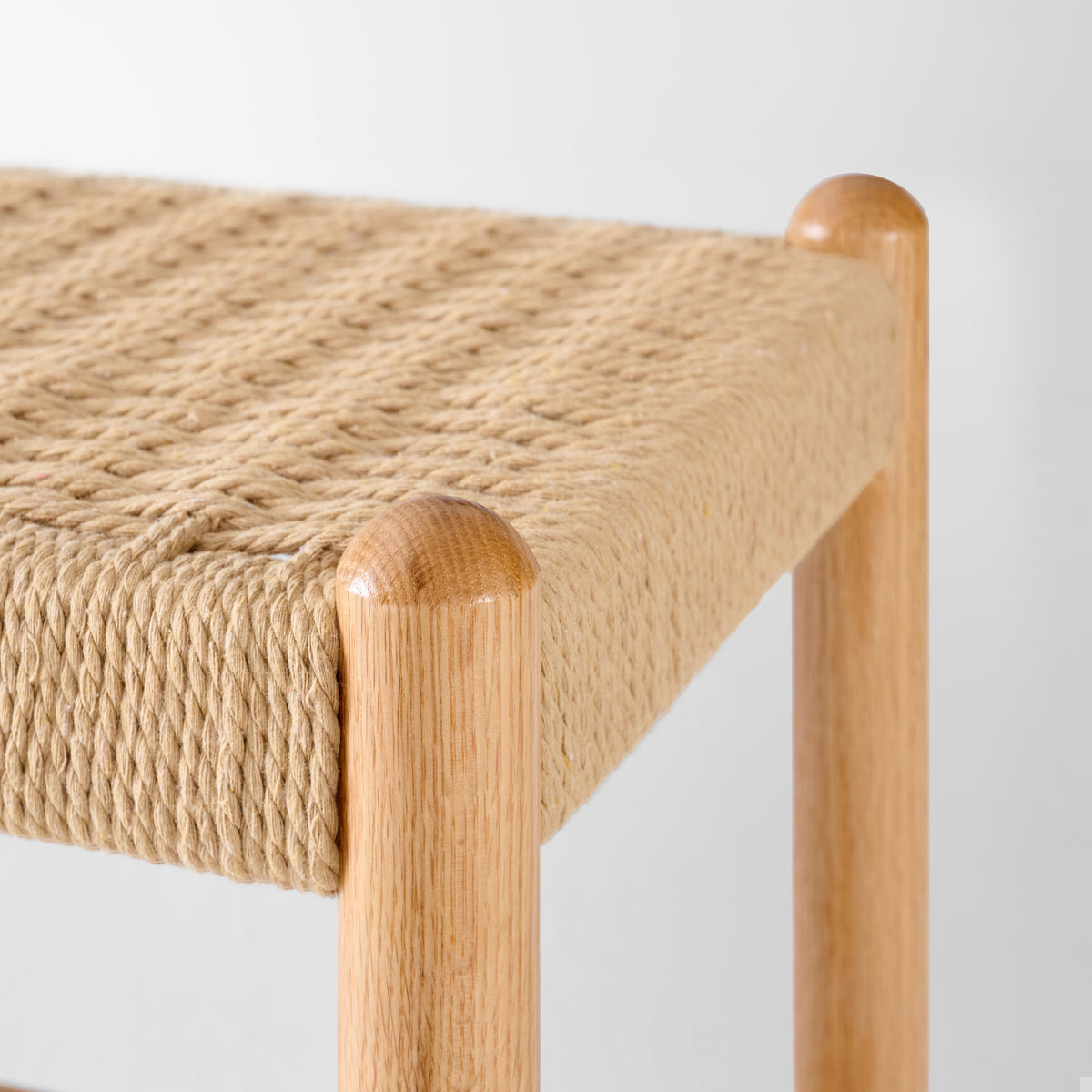 Solid Oak Shoe Bench with Woven Rope Design Assembled