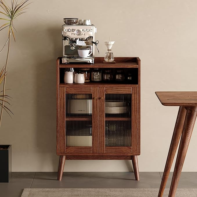 Solid Wood Sideboard with Fluted Glass Doors