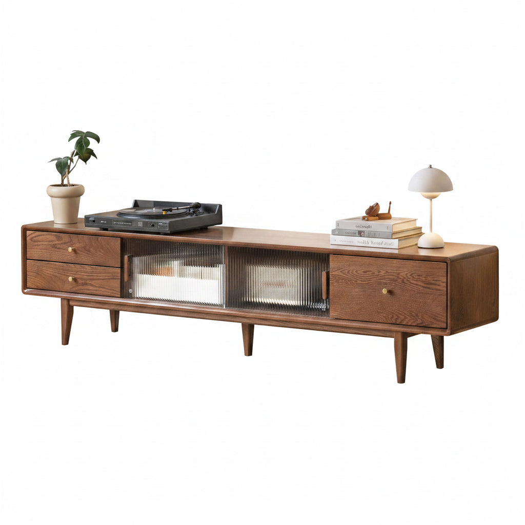 86.6'' Solid Oak TV Stand with Glass Sliding Door
