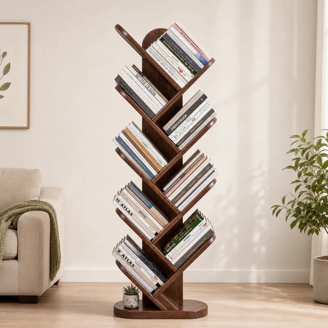 Eight angled shelves in one vertical unit