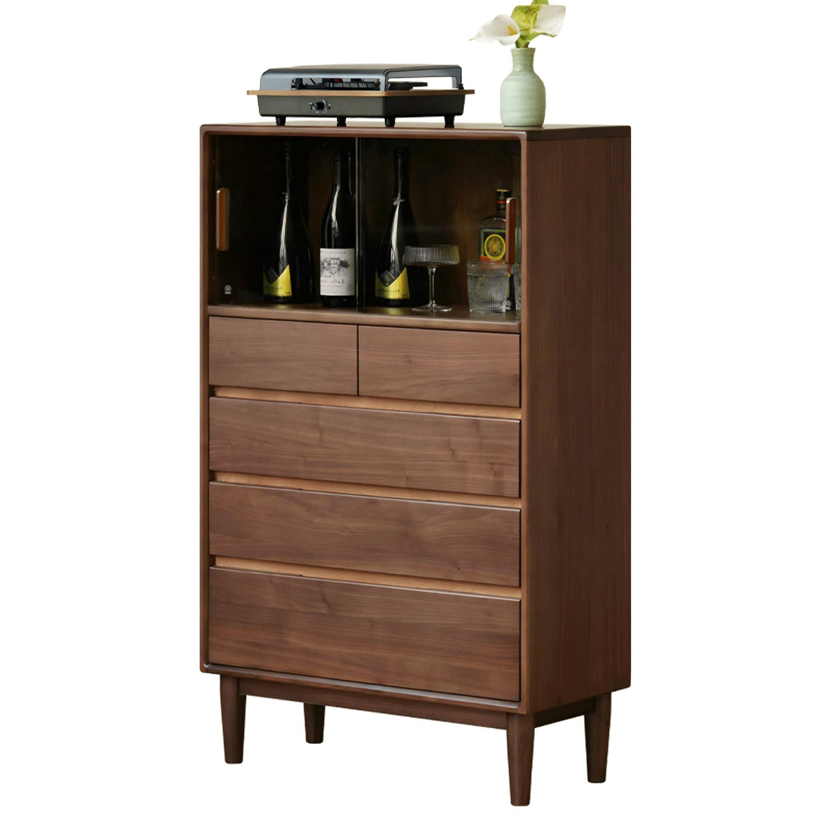 Solid Walnut Wood Storage Cabinet with Shelves and Drawer
