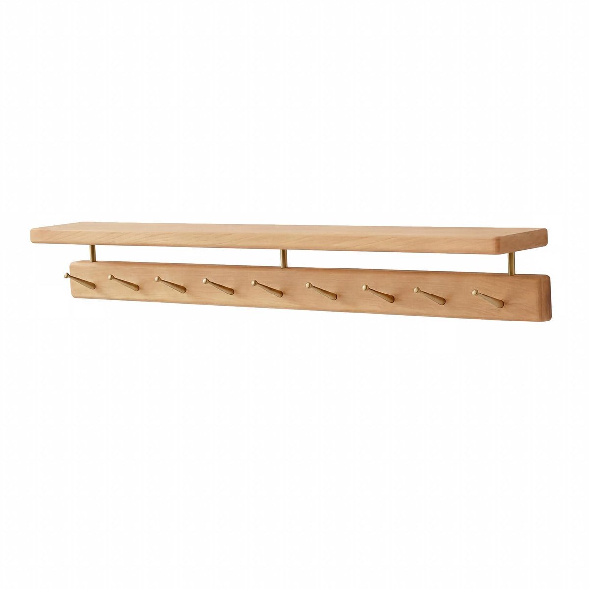 Wood Wall Shelf with 9 Brass Hooks