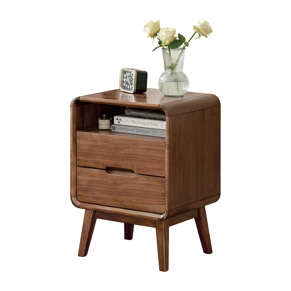 Solid Wood Nightstand with Drawer and Open Storage