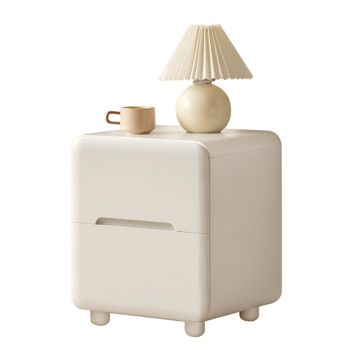 White Wood Nightstand with 2 Drawers Rounded Corners