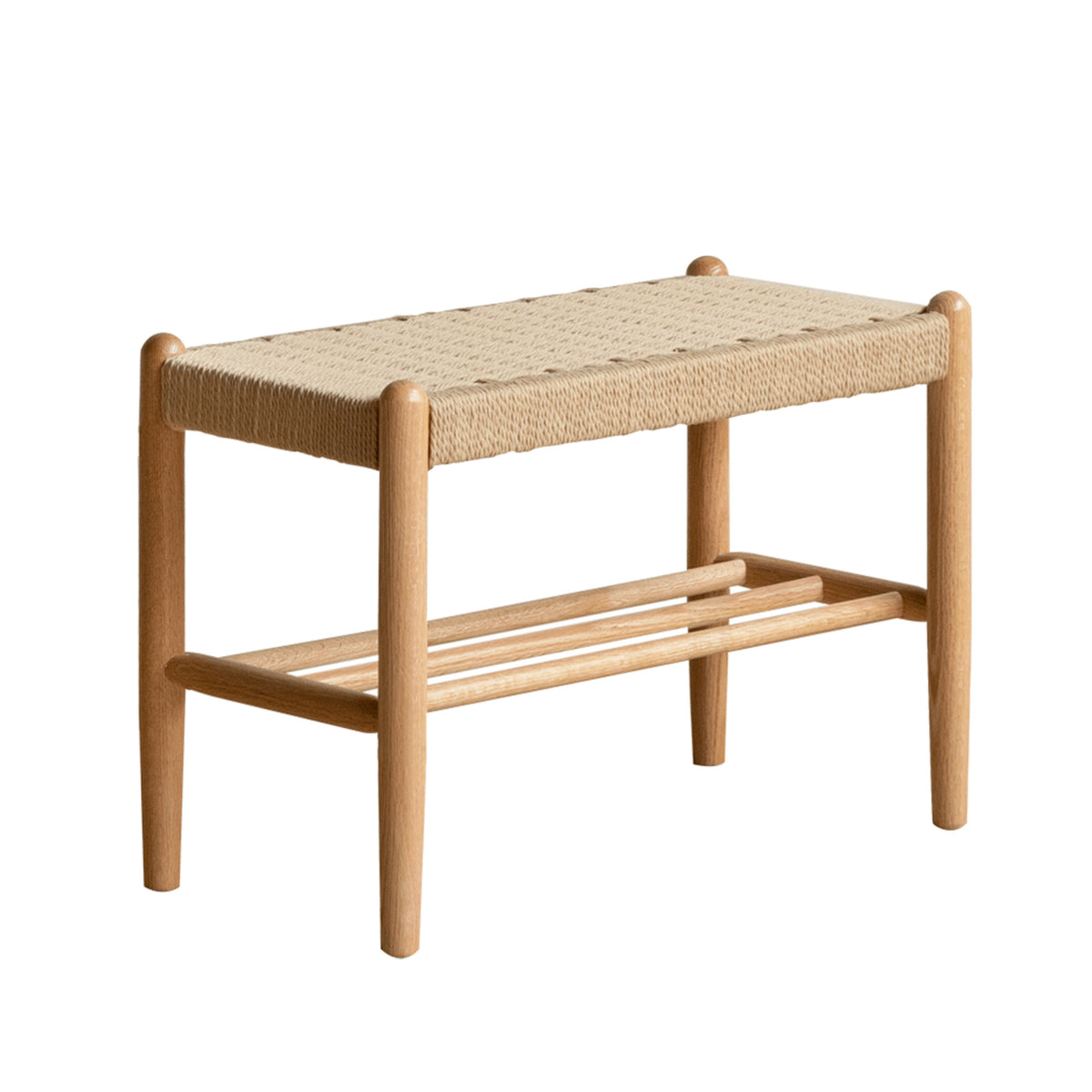 Solid Oak Shoe Bench with Woven Rope Design Assembled