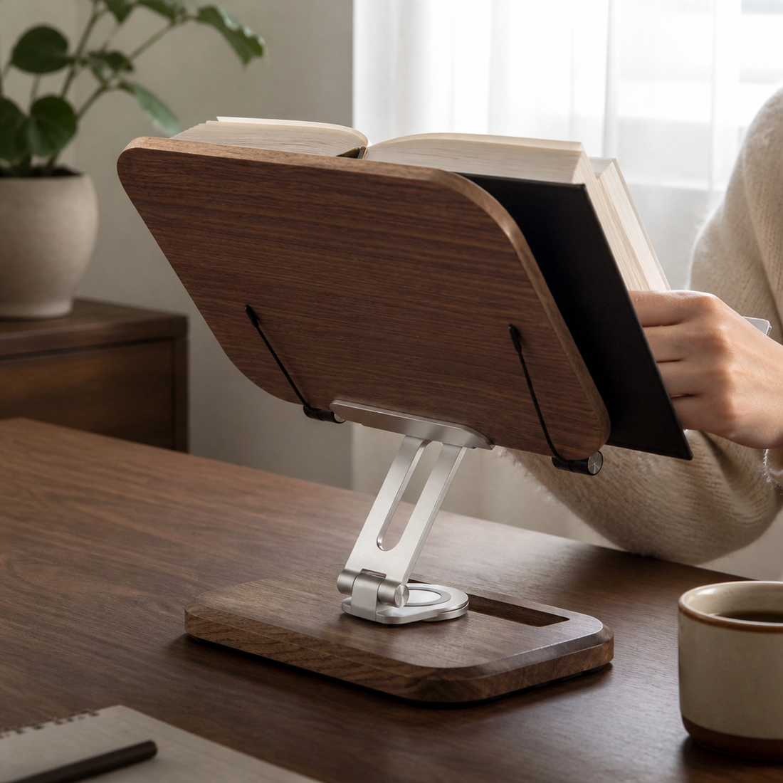 Aluminum Hinge + Solid Wood Base — Stays Put, Every Time