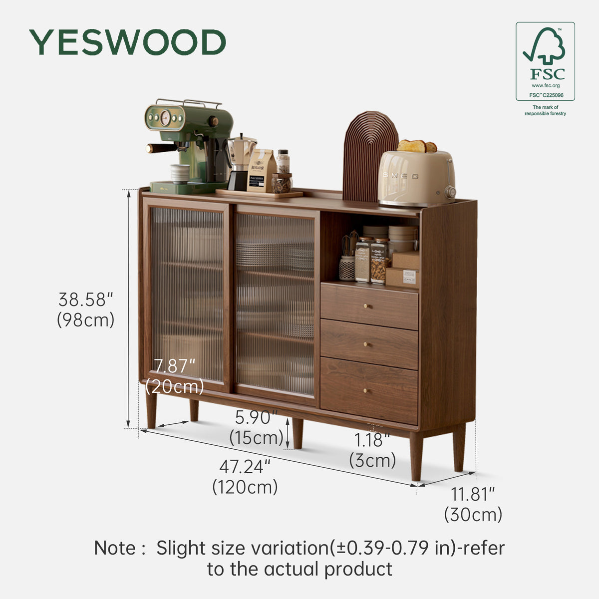 Yeswood Rubberwood Sideboard with Glass Doors