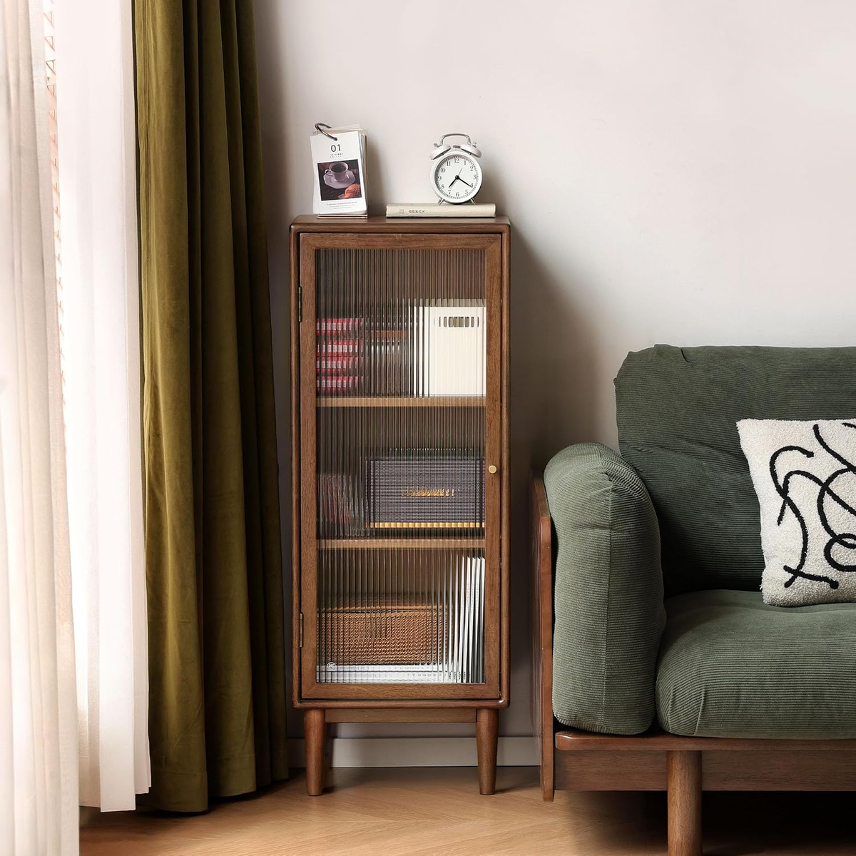 16.54'' Solid Rubberwood Narrow Cabinet with Glass Door