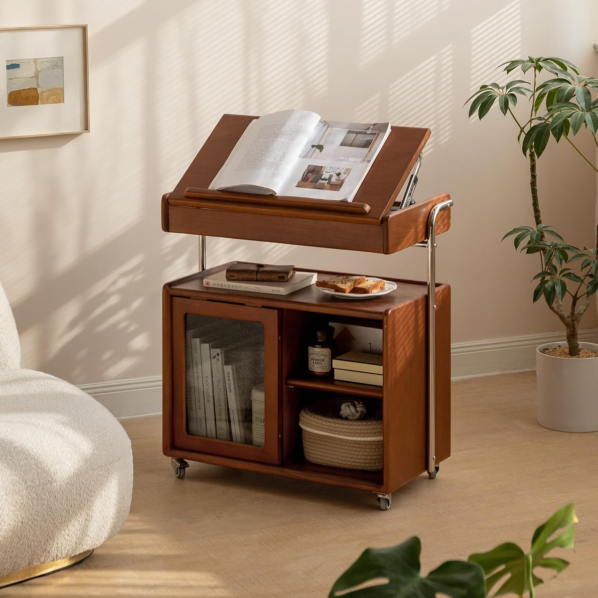 Solid Wood Flip Top Side Table with Wheels