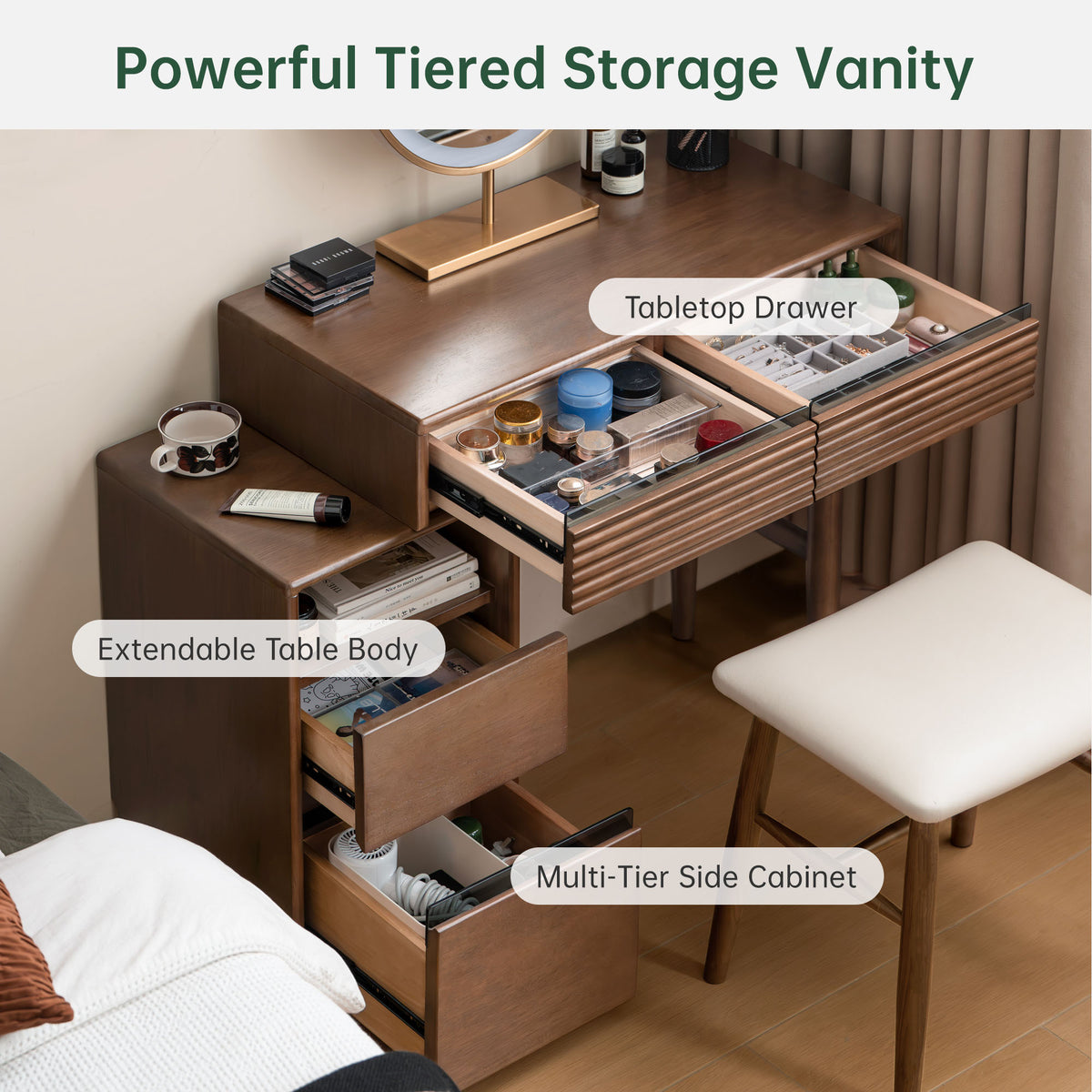 Extendable Rubber Wood Vanity Desk with Dresser