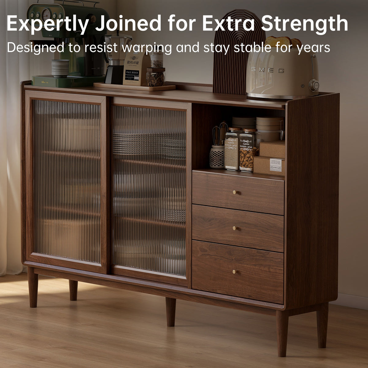 Yeswood Rubberwood Sideboard with Glass Doors