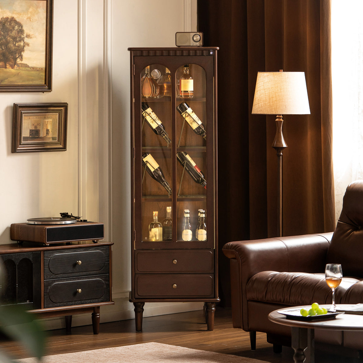 Solid Wood Wine Bar Cabinet with Glass Doors LED