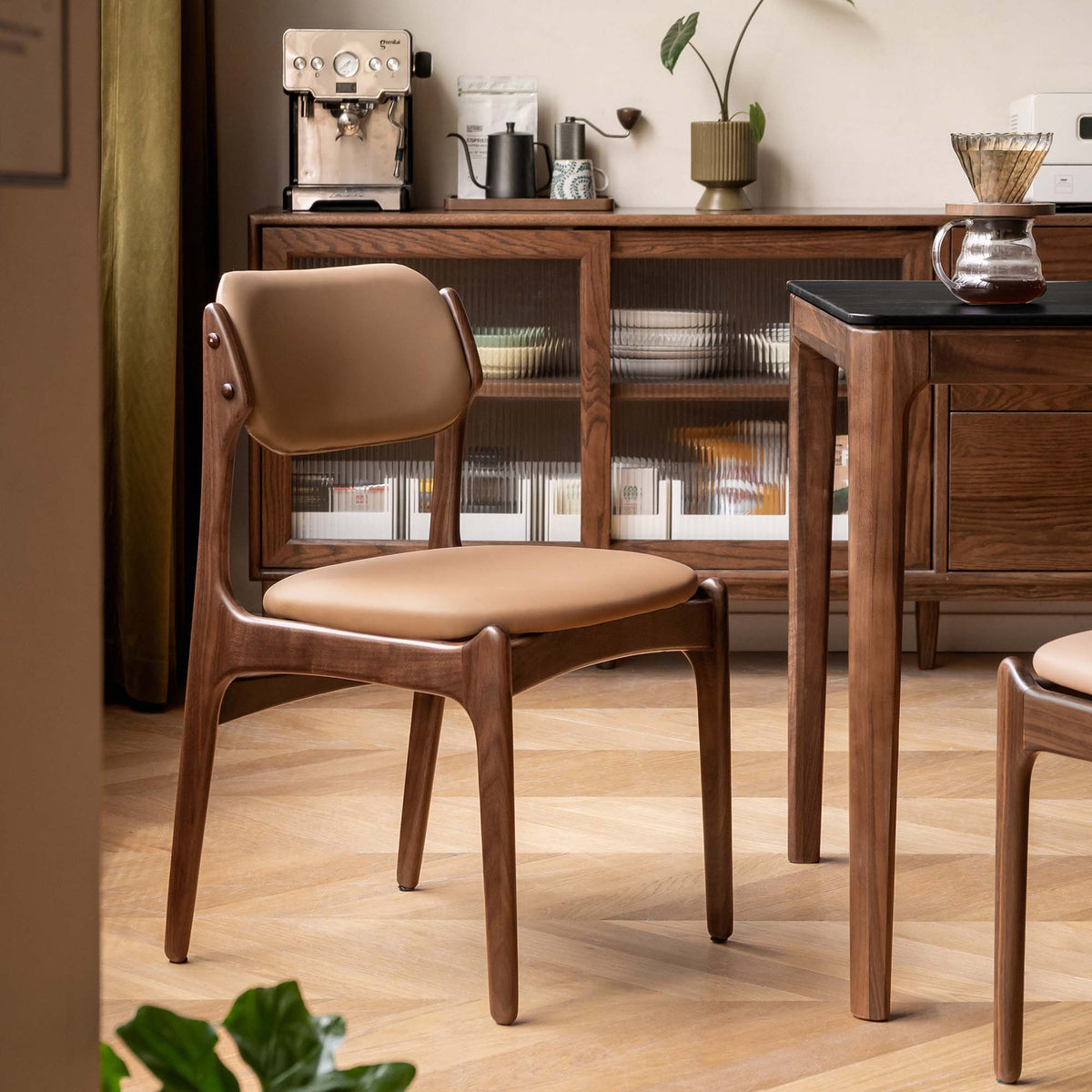 Black Walnut Wood Leather Dining Chair Curved Backrest