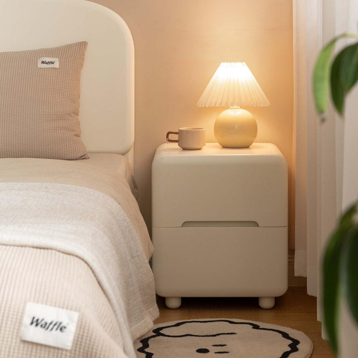 White Wood Nightstand with 2 Drawers Rounded Corners