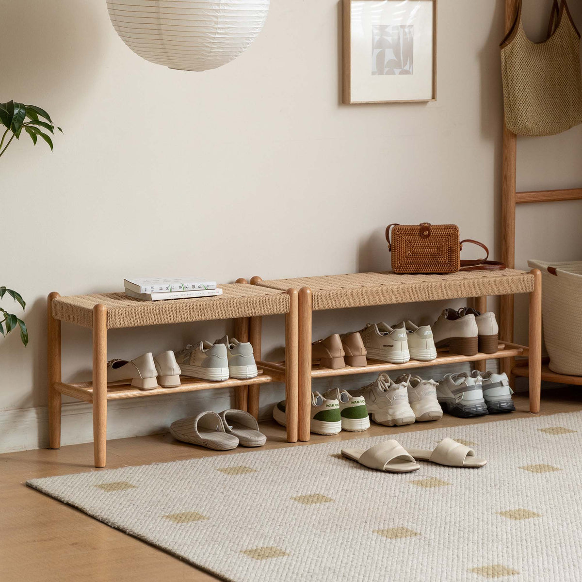 Solid Oak Shoe Bench with Woven Rope Design Assembled